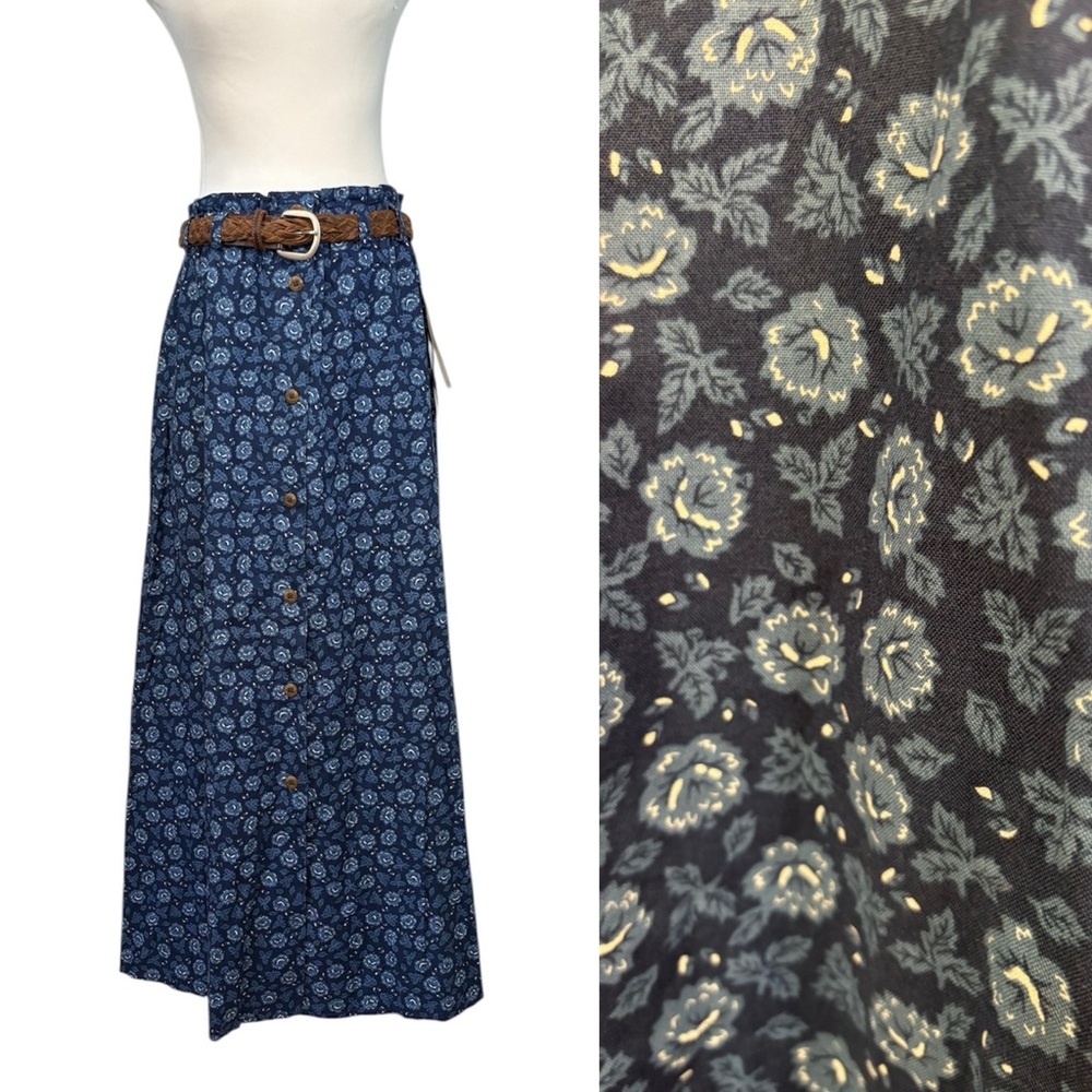 NWT LizSport L Blue Floral Print 100% Cotton A-line Full Button Maxi Skirt 52002